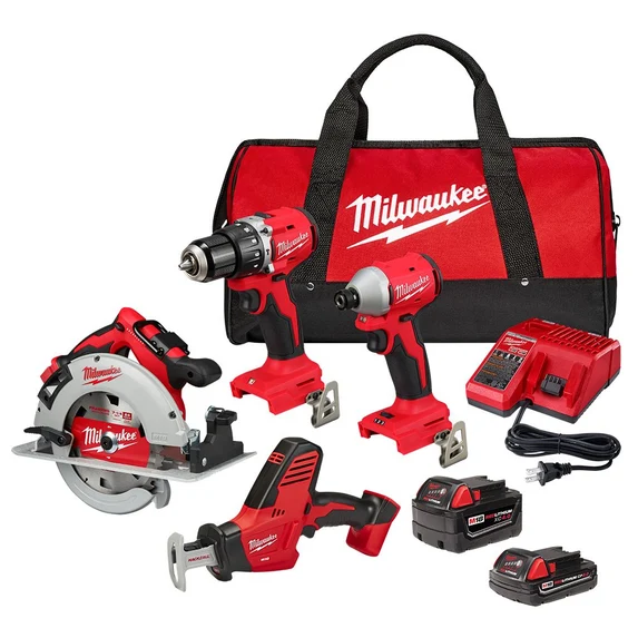 Pack de 4 herramientas Milwaukee M18 con bolsa de trabajo y 2 baterías